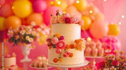 Beautiful decorated multi-tier cake with flowers for a big party. Colorful design. Event and anniversary bright background with balloons, confetti and decorations.