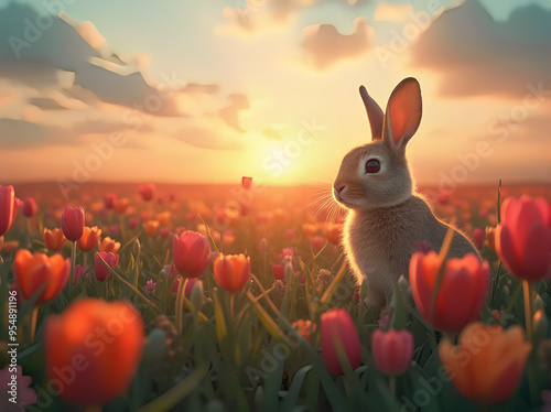 A little rabbit in a field of vibrant flowers at sunset is a strange and surreal scene that reflects the beauty of nature 