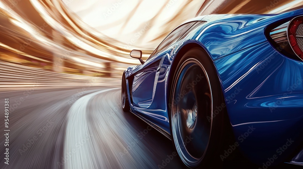 Dynamic scene of a blue business car speeding around a corner, high-speed highway action captured. Dynamic scene of a blue business car speeding around a corner, high-speed highway action captured.