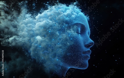 Abstract Digital Face Emerging from Blue Smoke and Glowing Particles.