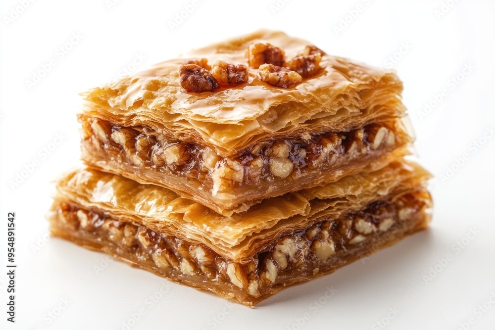 Two Pieces of Walnut Baklava Drizzled with Honey Two Pieces of Walnut Baklava Drizzled with Honey