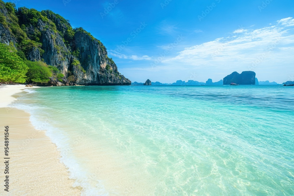 Scenic tropical beach with crystal clear blue waters and white sandy shores. Scenic tropical beach with crystal clear blue waters and white sandy shores.