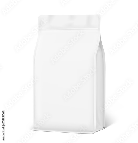 Vertical bag mockup. Flat bottom gusset bag. Half side view. High realistic. Vector illustration isolated on white background. Ready for use in presentation, promo, advertising and more. EPS10.