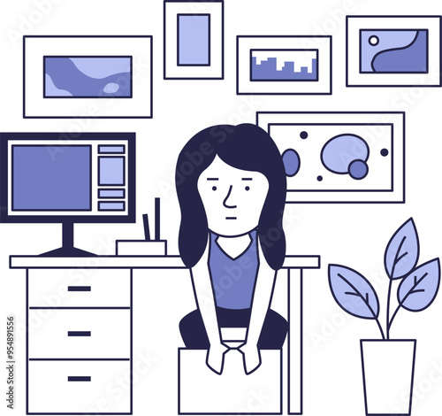 Girl designer sits in procrastination at the workplace. Difficulties in creative work.