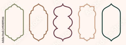 Shape Islamic door and window silhouette Arabic arch. Collection of patterns in oriental style. Frames in Arabic Muslim design for Ramadan Kareem. Vector mosque gate stroke isolated on white