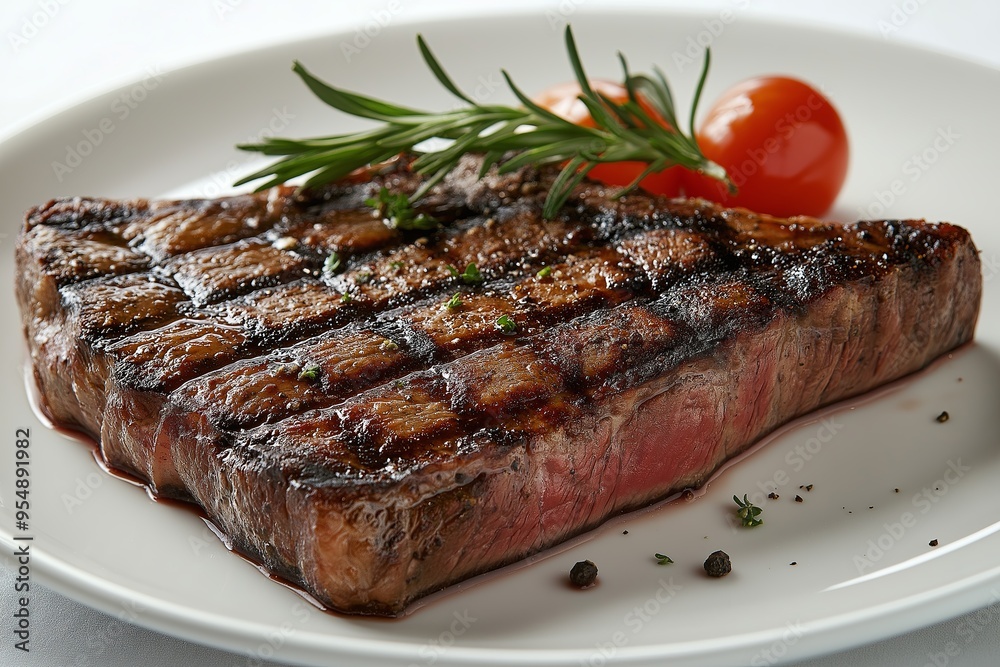 Grilled beef steak with rosemary and cherry tomatoes on white plate, closeup Grilled beef steak with rosemary and cherry tomatoes on white plate, closeup