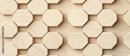 A close-up view of hexagonal wooden tiles arranged in a modern pattern, showcasing natural textures and clean lines.