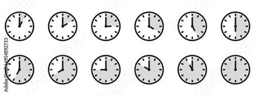 Time and clock icon set. Half past of the clock sign.Complete twelve hours pointed clockwise o'clock vector illustration. Analog wall clocks icons set.