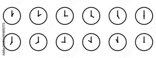 Time and clock icon set. Half past of the clock sign.Complete twelve hours pointed clockwise o'clock vector illustration. Analog wall clocks icons set.