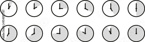 Time and clock icon set. Half past of the clock sign.Complete twelve hours pointed clockwise o'clock vector illustration. Analog wall clocks icons set.