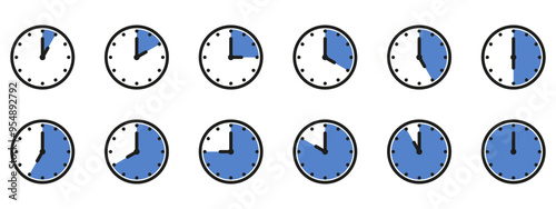 Time and clock icon set. Half past of the clock sign.Complete twelve hours pointed clockwise o'clock vector illustration. Analog wall clocks icons set.