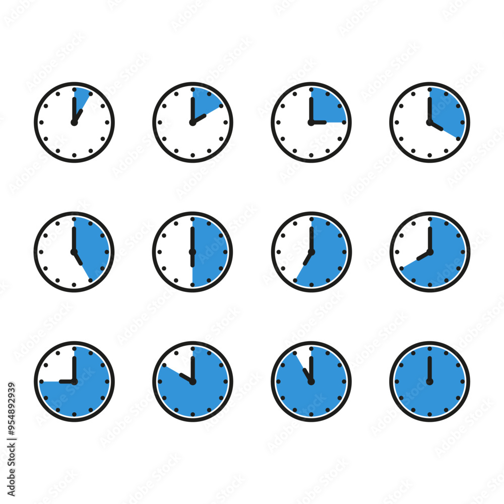 Time and clock icon set. Half past of the clock sign.Complete twelve hours pointed clockwise o'clock vector illustration. Analog wall clocks icons set. Time and clock icon set. Half past of the clock sign.Complete twelve hours pointed clockwise o'clock vector illustration. Analog wall clocks icons set.