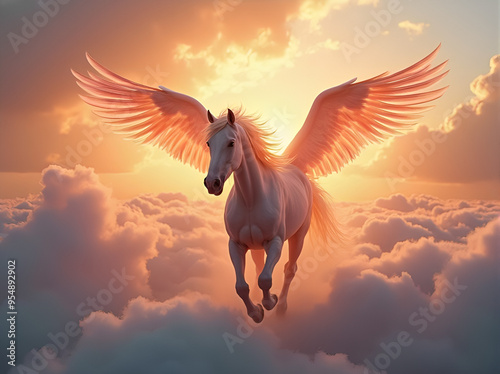 A magnificent horse with transparent wings gallops through a glowing cloud over a sunlit valley at sunset, a majestic spectacle of power and beauty 