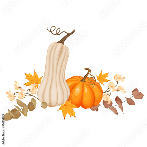 Autumn themed vector illustration with two pumpkins, orange and beige, surrounded by autumn leaves and delicate wild pea flowers, creating a warm and cozy seasonal atmosphere.