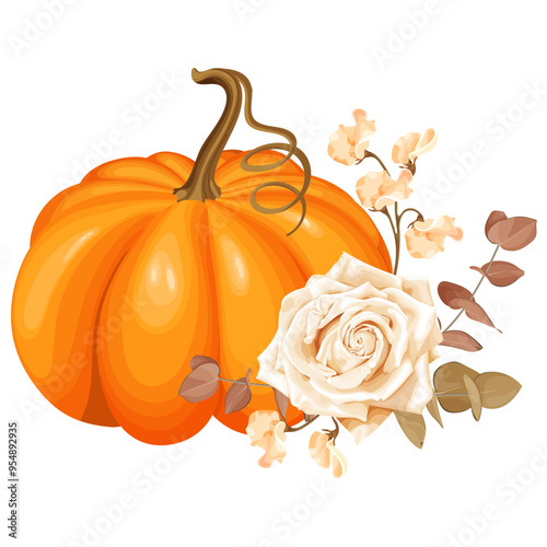 Vector illustration, an orange pumpkin combines with a white rose, beige flowers, and brown eucalyptus leaves to create a soft and elegant fall-themed composition.