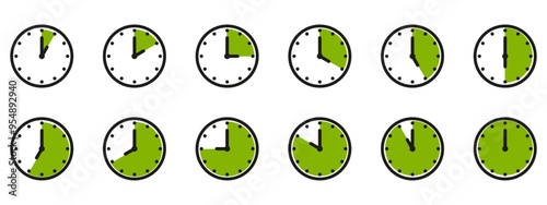 Time and clock icon set. Half past of the clock sign.Complete twelve hours pointed clockwise o'clock vector illustration. Analog wall clocks icons set.