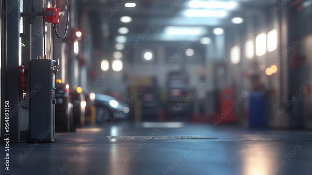 A dimly lit automotive workshop with cars and equipment, suggesting a space for vehicle maintenance and repair. A dimly lit automotive workshop with cars and equipment, suggesting a space for vehicle maintenance and repair.