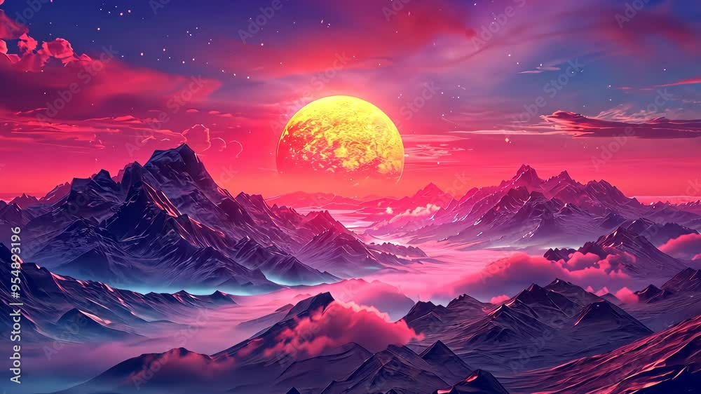Surreal sunset over misty mountains, vibrant sky. Dreamscape and fantasy concept Surreal sunset over misty mountains, vibrant sky. Dreamscape and fantasy concept