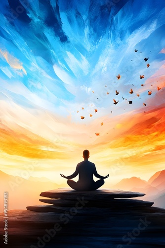 Meditating Man on Mountaintop with Birds Flying Upwards.