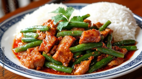 A delicious plate of Pad Phrik King, Thai stir-fried green beans and pork belly in a spicy red curry paste, served with steamed jasmine rice. photo