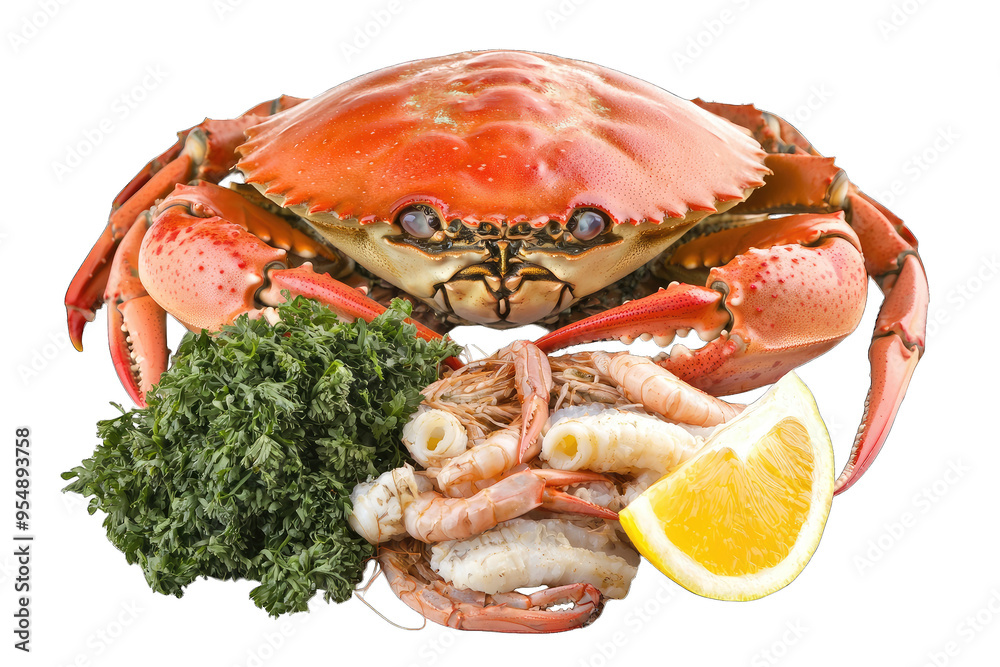 Fresh seafood display featuring a vibrant crab, shrimp, and lemon, perfect for culinary and food photography. Fresh seafood display featuring a vibrant crab, shrimp, and lemon, perfect for culinary and food photography.