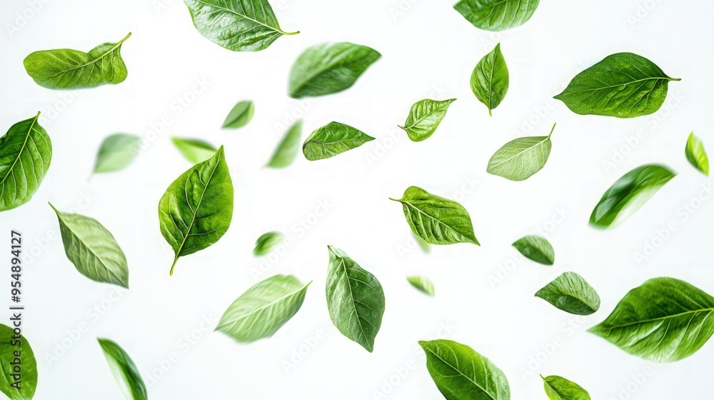 Green leaves swirling in the air on white, symbolizing healthy organic natural products. Green leaves swirling in the air on white, symbolizing healthy organic natural products.