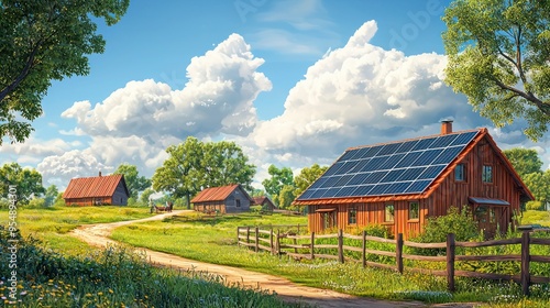 Rural house with solar panels on the roof in a sunny landscape