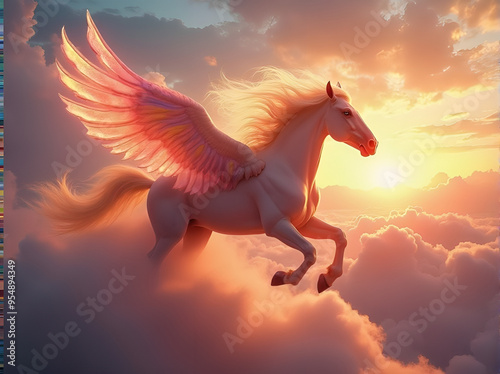 A magnificent horse with transparent wings gallops through a glowing cloud over a sunlit valley at sunset, a majestic spectacle of power and beauty 