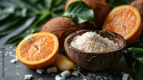 Organic coconut flour, fresh fruits and leaf on light grey table, closeup. Made with generative ai

