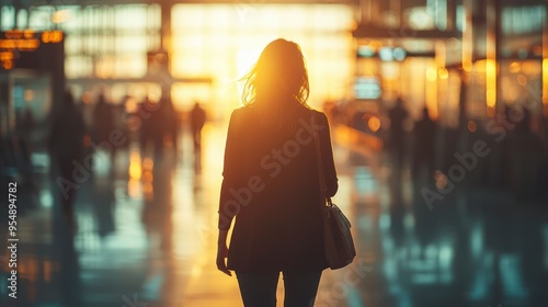 Traveler walking through a busy airport terminal at sunrise