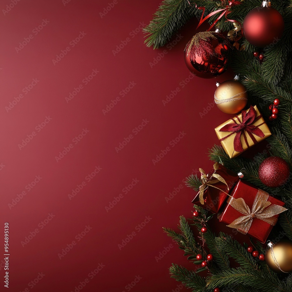 custom made wallpaper toronto digitalChristmas greeting card background with multicolored pine branches, vibrant ornaments, and gift boxes wrapped in shimmering ribbons on dark red background.  Merry Christmas and new year background