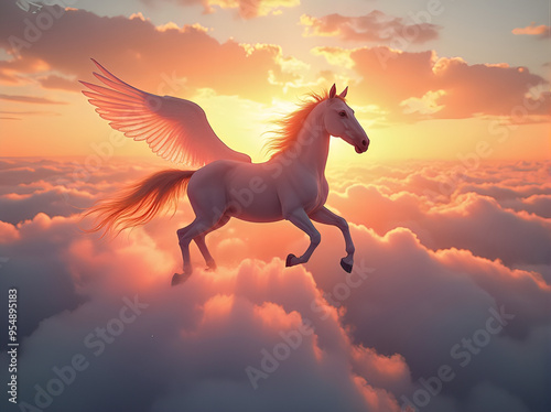 A magnificent horse with transparent wings gallops through a glowing cloud over a sunlit valley at sunset, a majestic spectacle of power and beauty 