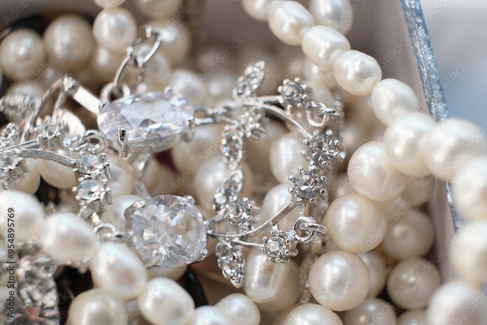 A mix of pearl strands and silver diamond jewelry is displayed, highlighting the detailed craftsmanship. The photo emphasizes the luxurious appeal and timeless beauty of classic jewelry pieces. A mix of pearl strands and silver diamond jewelry is displayed, highlighting the detailed craftsmanship. The photo emphasizes the luxurious appeal and timeless beauty of classic jewelry pieces.