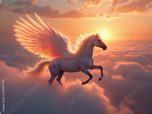 A magnificent horse with transparent wings gallops through a glowing cloud over a sunlit valley at sunset, a majestic spectacle of power and beauty 