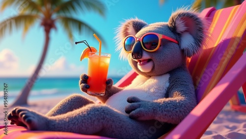 a koala bear wearing sunglasses and holding a drink in front of a palm tree.