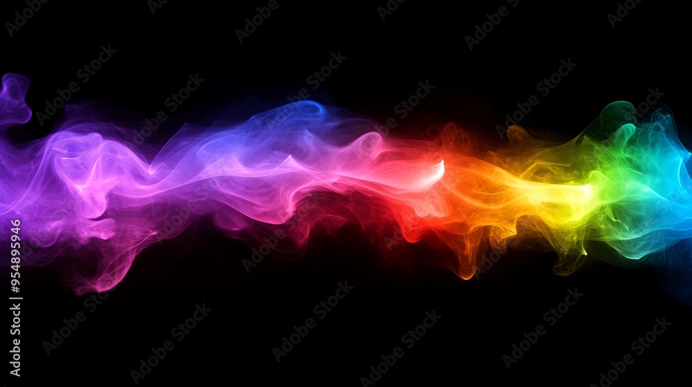 Fototapeta premium A vibrant, colorful wave of smoke flows across a dark background, creating a dynamic and visually striking effect.