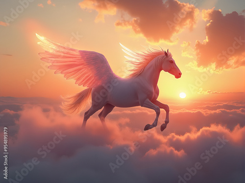 A magnificent horse with transparent wings gallops through a glowing cloud over a sunlit valley at sunset, a majestic spectacle of power and beauty 