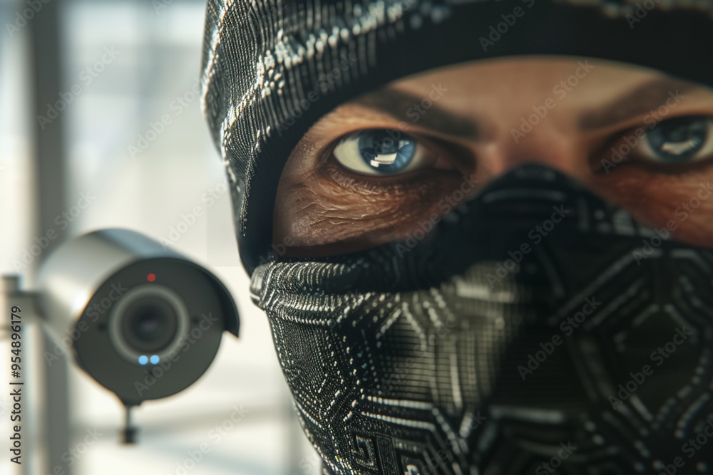 Detailed close-up of a masked man's eyes, with a security camera in the background. Detailed close-up of a masked man's eyes, with a security camera in the background.