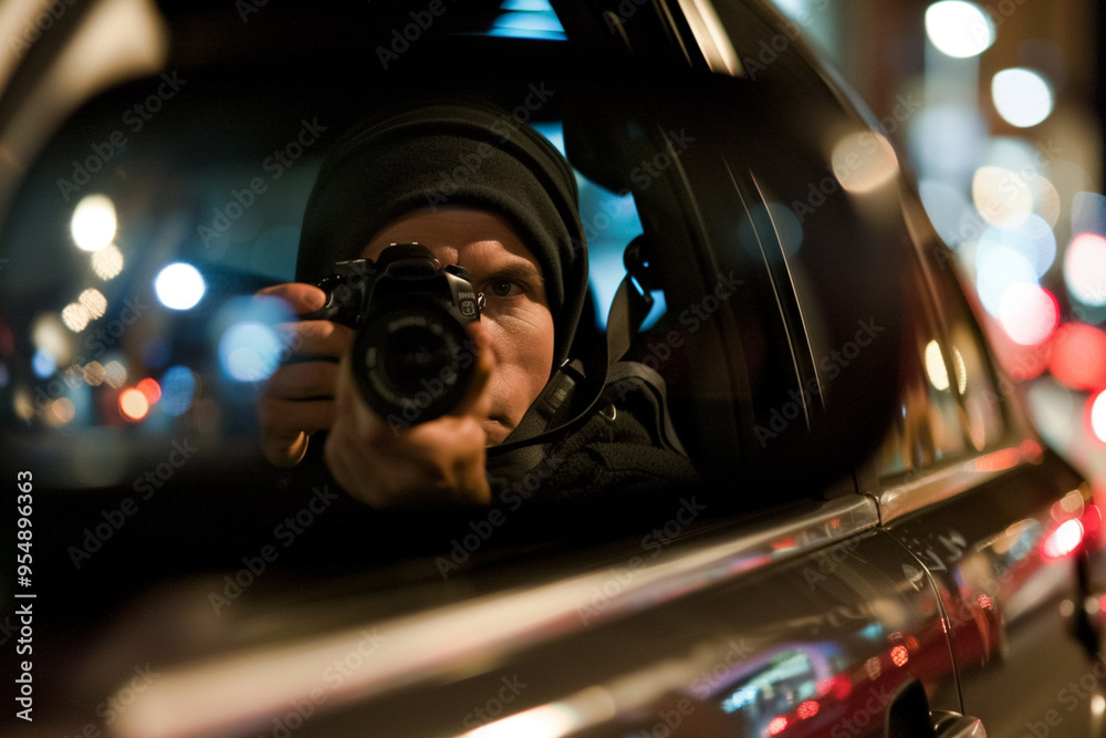Fototapeta premium Hooded photographer capturing images from inside a car during nighttime, with city lights in the background.
