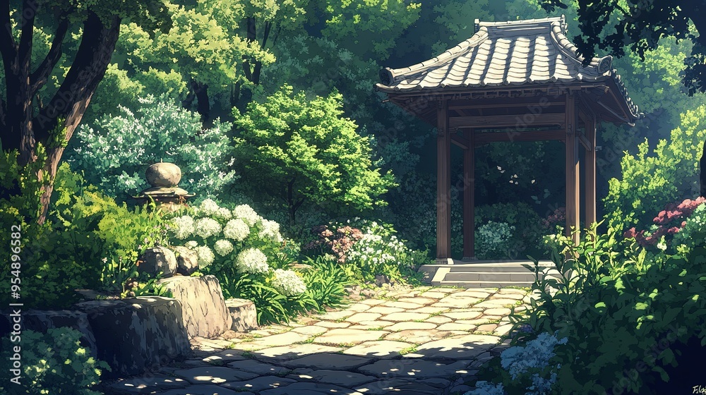 A Stone Path Leading to a Japanese Pavilion in a Lush Garden A Stone Path Leading to a Japanese Pavilion in a Lush Garden