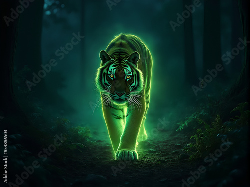 A majestic tiger roams in the heart of a dark night forest with glowing green and yellow fur, an enchanting sight that showcases the magic of nature 