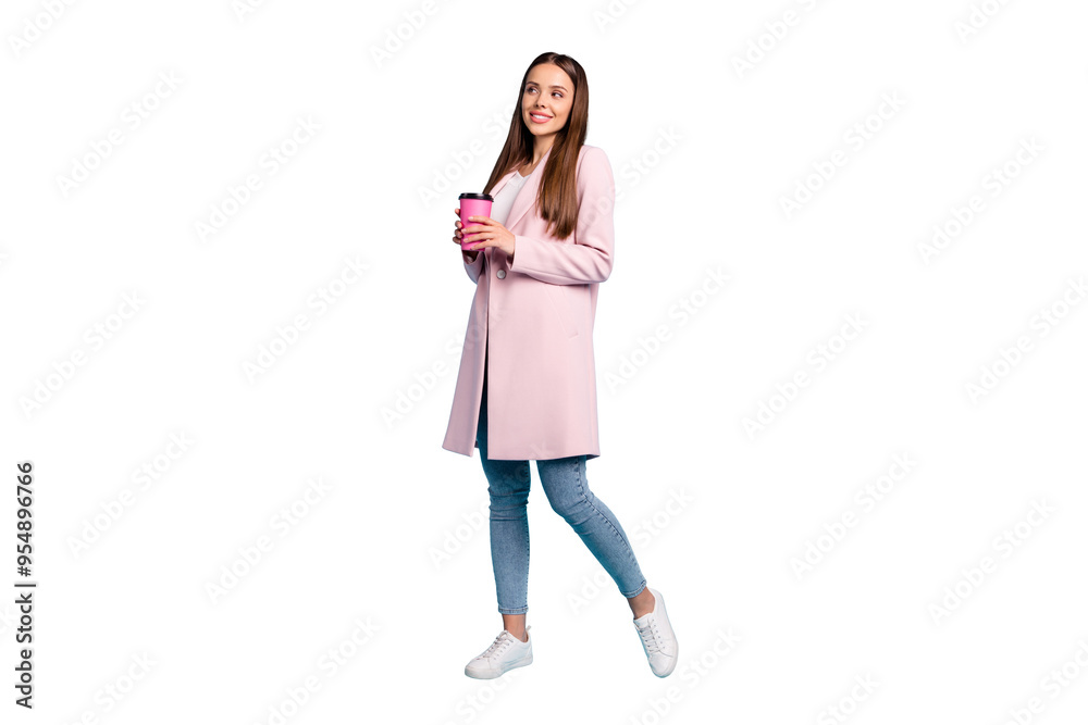 Full length photo of lovely dreamy girl having rest break holding take-out enjoy walk wearing topcoat denim jeans isolated over blue color background Full length photo of lovely dreamy girl having rest break holding take-out enjoy walk wearing topcoat denim jeans isolated over blue color background
