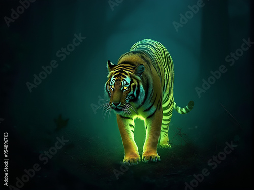A majestic tiger roams in the heart of a dark night forest with glowing green and yellow fur, an enchanting sight that showcases the magic of nature 
