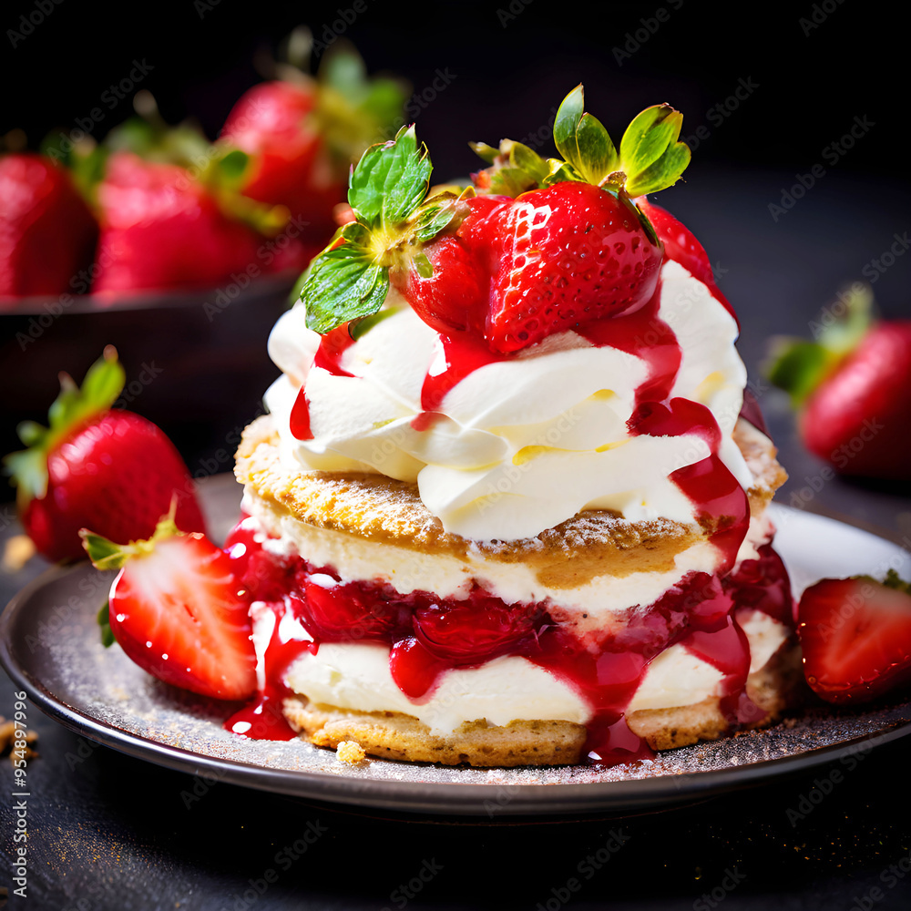 Strawberry cake cream on a plate with strawberries ai generated Strawberry cake cream on a plate with strawberries ai generated