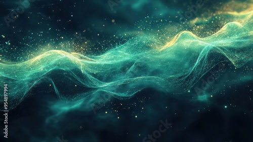 Abstract Green and Gold Glitter Wave Background - Digital Art, Tech, and Nature Design.