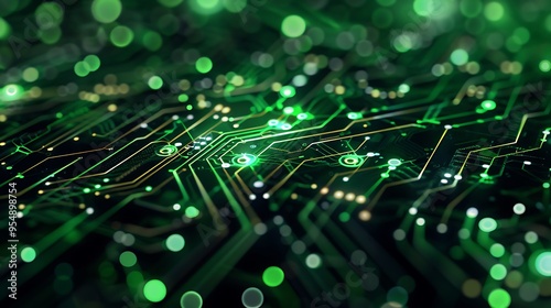 Abstract Digital illustration of a green circuit board with glowing lights, representing technology and innovation.