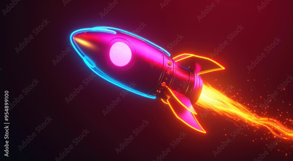 Colorful neon rocket launching against a dark background, featuring vibrant blue and pink lights and fiery exhaust Colorful neon rocket launching against a dark background, featuring vibrant blue and pink lights and fiery exhaust