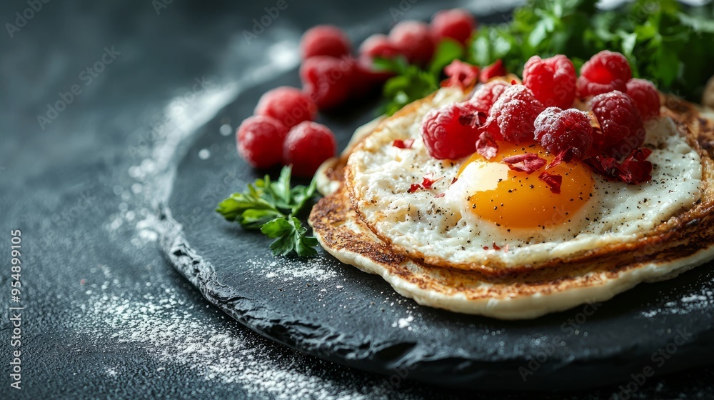 Delicious breakfast of fried eggs with raspberries Delicious breakfast of fried eggs with raspberries