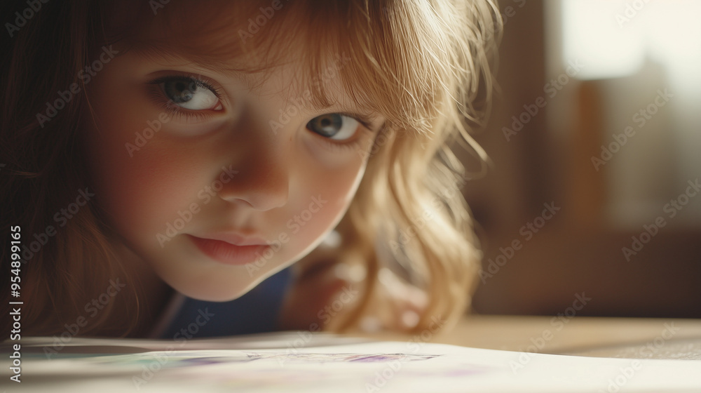 Close-up little girl 5-year-old lying on the floor while drawing and looking away.