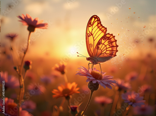 A transparent-winged butterfly fluttering over a vibrant meadow at sunrise is a stunning sight that highlights the beauty of nature 